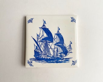 Reproduction Blue and White Delft Ship Wheeling Tile