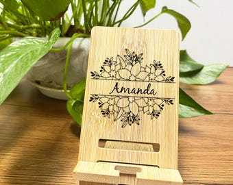Custom Name Bamboo Phone Stand, Engraved Corporate Gift