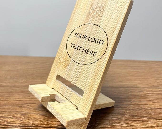 Custom Bamboo Phone Stand, Personalized Iphone Holder, Desk Phone Holder, Gift For Collegue, Gift For Warrant, Corperate Business Gift