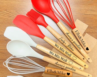Custom Kitchen Utensils, Personalised Spatula And Ladle Set, Engraved Silicone Wooden Spoon Set, Retirement gift, Kitchen Gifts, Baker Gift