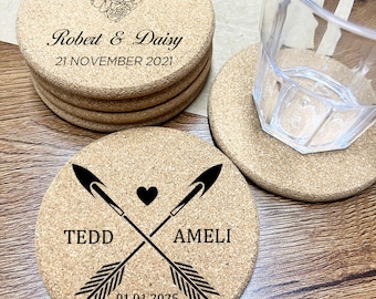 Posavasos de corcho grabados a medida, regalos de boda, regalos corporativos