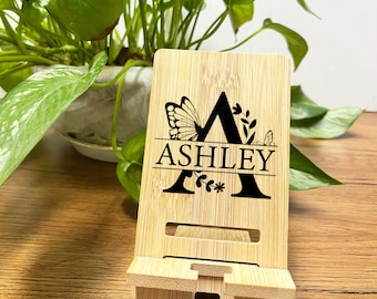 Custom Engraved Bamboo Phone Stand, Personalized Gift
