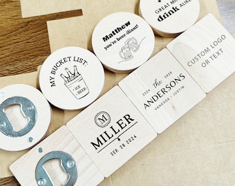 May include: A collection of wooden bottle openers and coasters. The coasters feature various engraved designs and text, including "My Bucket List," "Matthew you're beer-iliant!", and "Great minds drink alike." Some coasters are personalized with names and dates.