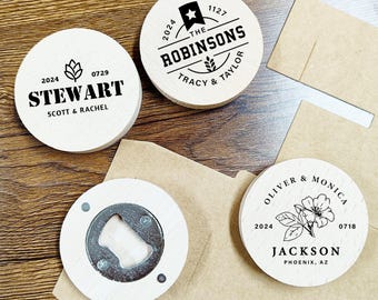 May include: Four wooden coasters and a bottle opener. The coasters are round with engraved text and designs, including names, dates, and a floral motif. The bottle opener is round with a metal opener.