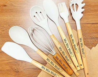 Personalized Silicone Spatula Set: Engraved Wood Handle Baking Tools
