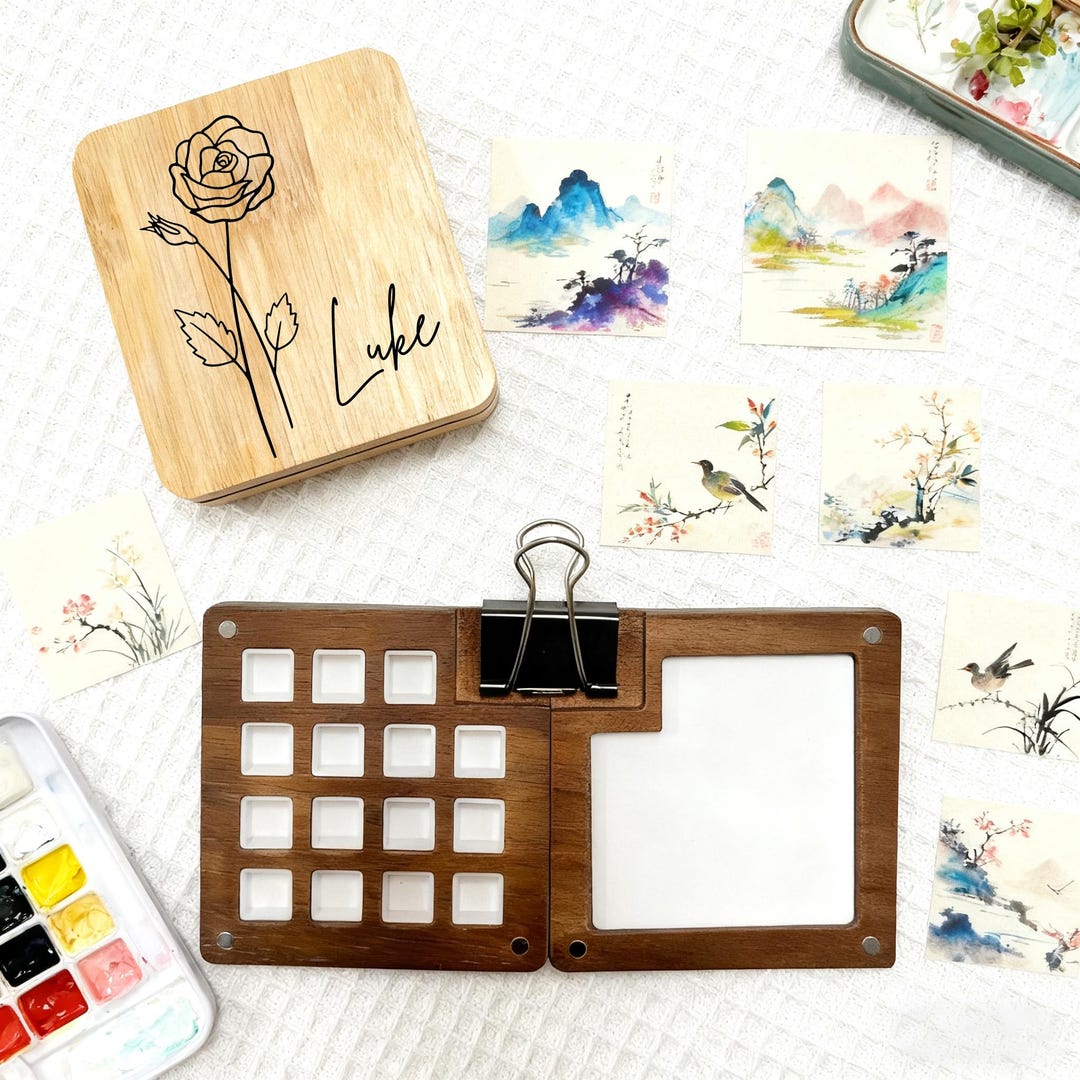 15 Colors Travel Set Portable Paint Box, Watercolor Palette Walnut Box ...