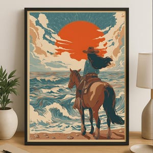 Coastal Cowgirl Printable Wall Art | Western Sunset Horseback Ocean Poster | Digital Download | Beach Cowgirl Decor | Retro Cowboy Print