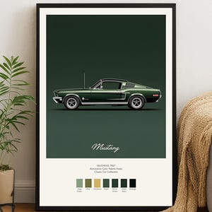 Mustang 1967 Poster, Vintage Car Wall Art, Classic Ford Mustang Print, Automotive Color Palette Poster, Retro Car Decor (2:3 Ratio)