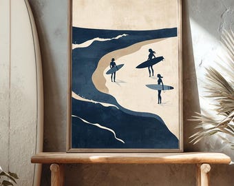 Minimalist Surfboard Art Print: Surfer Girl Silhouette, Coastal Decor (Digital Download)