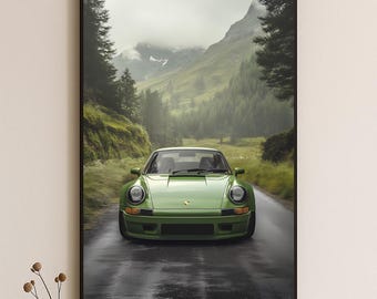 Green Porsche 911 Print, Classic Car Landscape Poster (Digital Download)