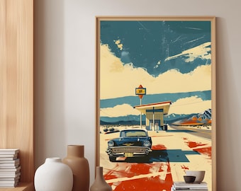 Vintage Gas Station Poster | Surreal Road Trip Wall Art | Retro Classic Car Print | Desert Travel Art | Mid Century