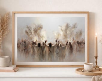 Könnte beinhalten: Ein gerahmter Kunstdruck mit einem verschwommenen Bild von Figuren mit erhobenen Armen in neutralen Tönen. Das Kunstwerk hat eine weiche, ätherische Qualität, wobei Licht und Schatten Tiefe erzeugen. Der Druck befindet sich in einem Holzrahmen.