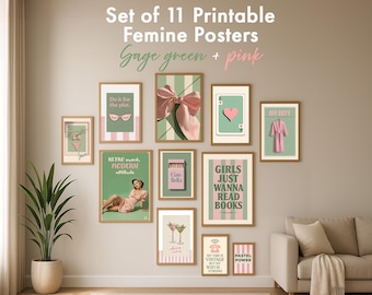 Láminas de arte retro para pared en verde salvia y rosa / Juego de 11 (Descarga digital)