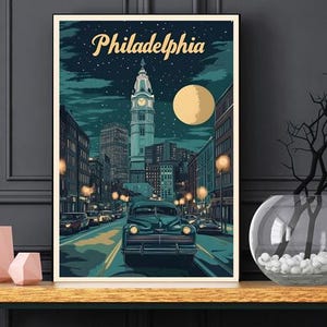 Philadelphia Travel Poster 2:3 – Vintage Car & City Hall Wall Art – Retro Philadelphia Print, Digital Download, Mid-Century City Poster
