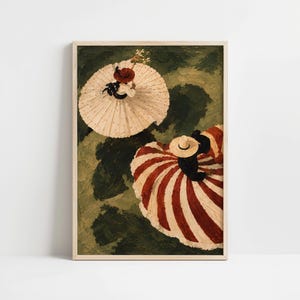 May include: An oil painting depicting two figures from an overhead perspective. One figure wears a white dress and a red hat, holding a white parasol. The other figure wears a black outfit with a red and white striped skirt and a straw hat.