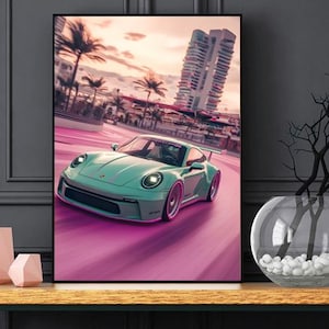 Porsche 911 Pink Art Print – Pobierz cyfrowo | Plakat z neonowym samochodem, grafika ścienna z motywem Vaporwave, wystrój retro wyścigów, prezent dla miłośników samochodów