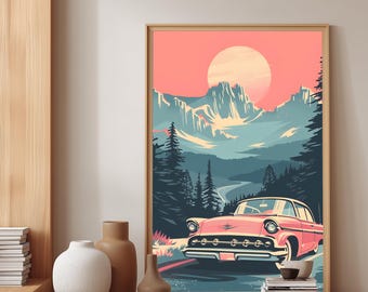 Road Trip in die Berge Poster | Vintage Auto Wandkunst | Surreale Reise Poster | Retro Landschaft Kunst | Mid Century Modern