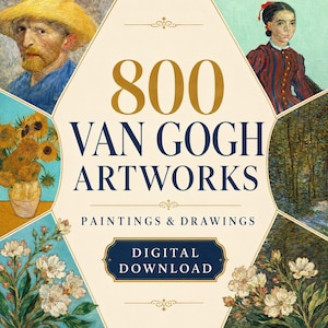 以下が含まれることがあります： 800点のゴッホの芸術作品（絵画やドローイング）を収録したデジタルダウンロードコレクション。表紙はクリーム色の中央の六角形に「800 VAN GOGH ARTWORKS」という文字が記され、その周囲を6つの異なる古典的な芸術作品が囲んでいます。