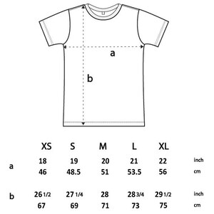 May include: A black and white line drawing of a t-shirt with a size chart. The chart displays measurements for sizes XS through XL, with width 'a' ranging from 18 to 22 inches and length 'b' ranging from 26.5 to 29.5 inches for each size.