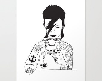Illustrated Tattooed David Bowie Giclee print, wall art A4 210mm x 297mm