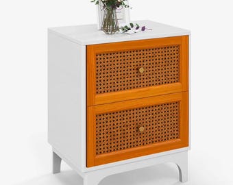 ボヘミアン風ラタンナイトスタンド、ホワイトウッドベッドサイドテーブル