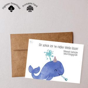 Geburtstagskarte zum Ausdrucken | A6 Printable mit Tiermotiv Wal | PDF & PNG zum Sofort-Download | Glückwunschkarte I Birthday Card