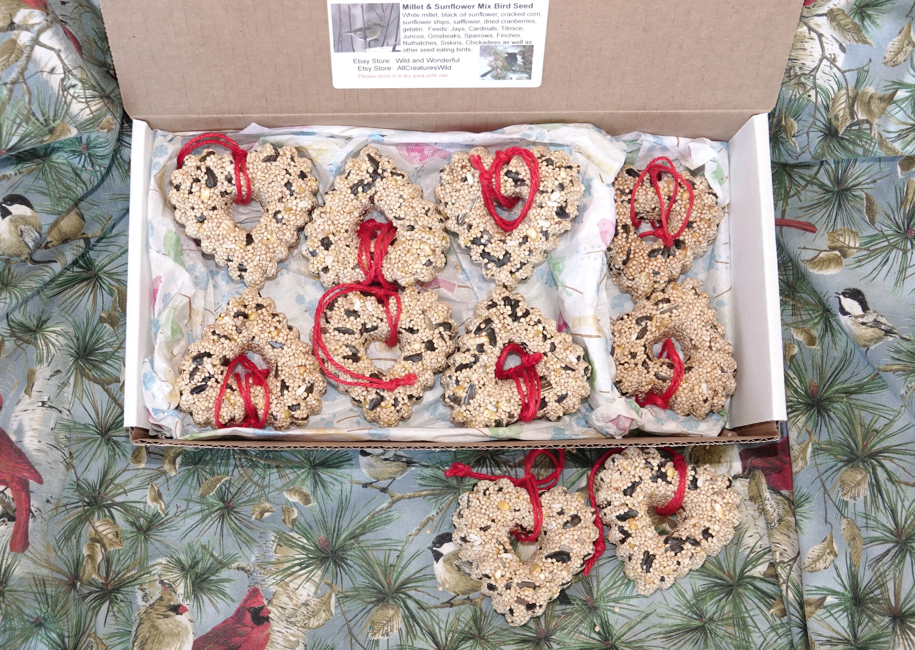 Hearts - 16 Mini Bird Seed Feeders Boxed Ornaments - Premium Seed Options - I pay shipping!