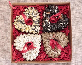 Hearts Mini Birdseed Feeders 4 Boxed Ornaments - Premium seed - Ships Free!