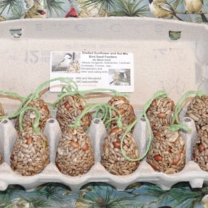 May include: A cardboard egg carton filled with eight bird seed feeders. Each feeder is a small, brown, egg-shaped pouch filled with shelled sunflower seeds and nuts. The feeders are tied with green string and ready to hang.