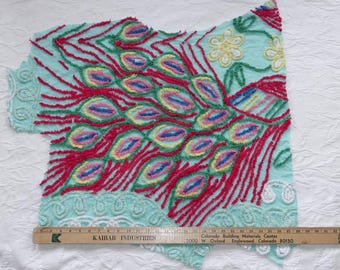 Vintage Cutter Turquoise Chenille Bedspread Piece 24”x28" + + Peacock feathers