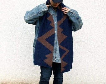 Geometric Scarf, Hand Knitted Zig Zag Scarf in Navy and Brown, Mountain Wanderlust Scarf Women, Mens Scarf with triangles, Long Knit Scarf