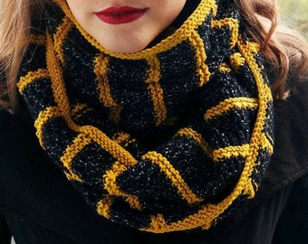 Striped Infinity Scarf, Black and Yellow Loop Scarf, Hand Knit Cowl Fall Accessory Autumn, Womens Scarf Snood, Gift for Her Hufflepuff