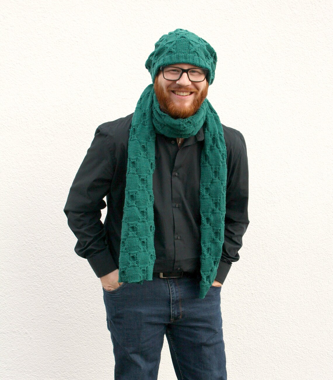 Dark Green Scarf Hand Knitted Mens Scarf Geometric Etsy