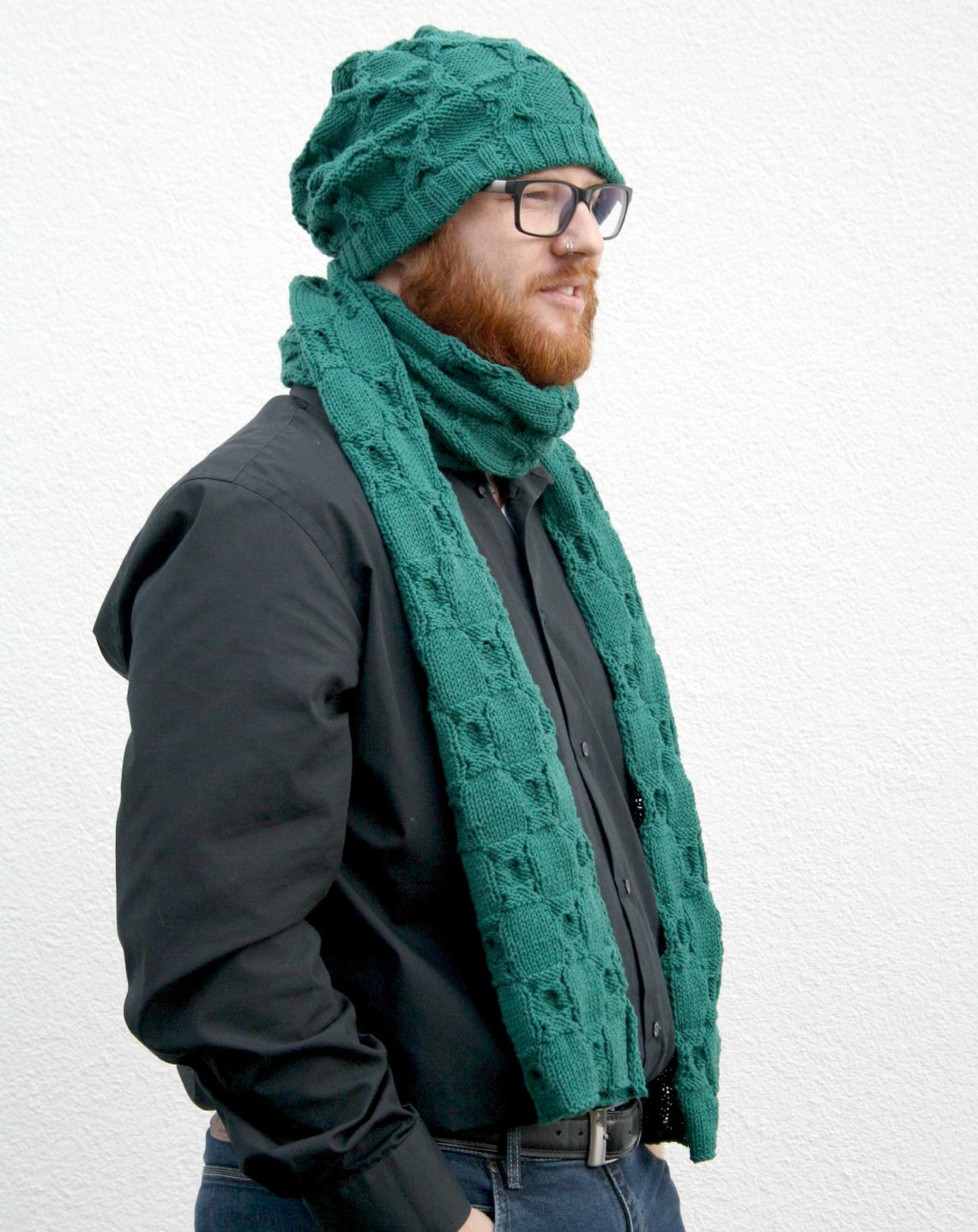 Dark Green Scarf Hand Knitted Mens Scarf Geometric Etsy
