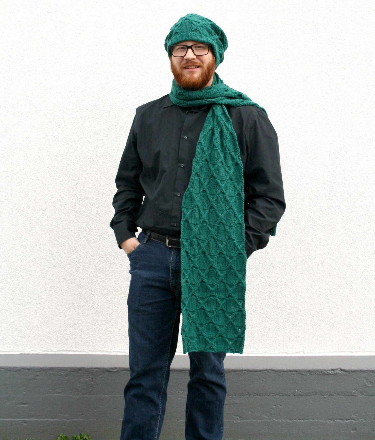 Dark Green Scarf Hand Knitted Mens Scarf Geometric Etsy