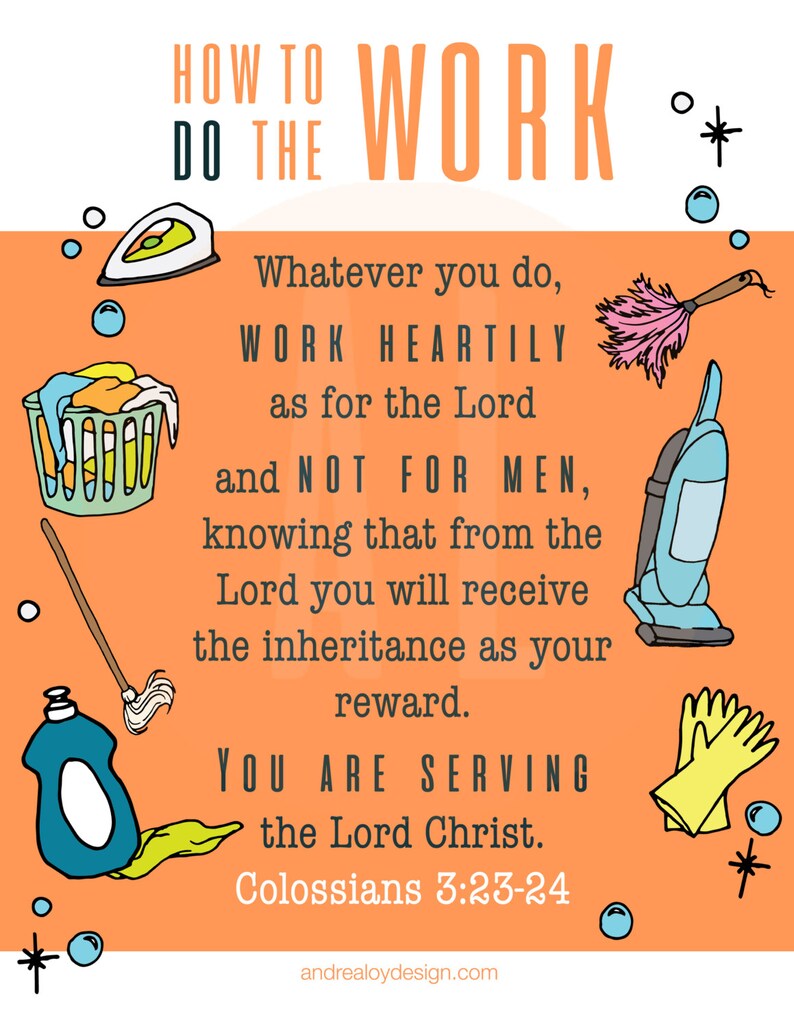 Cleaning Printable, Scripture, Colossians 3:23, How To Infographic, kids image 1