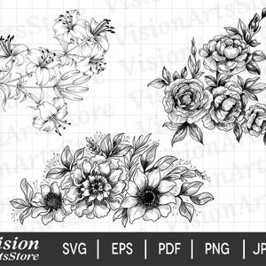 Clipart de contorno floral / Dibujo digital de flores / svg, png, jpg, eps, pdf