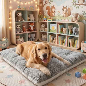 May include: A golden retriever dog lies on a gray, rectangular pet bed in a child's room. The room features wooden shelves filled with stuffed animals and books. A colorful mural of trees and animals decorates the wall.