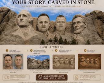 Custom Mount Rushmore Wood Carving from Photo | Personalized Family Monument Relief Custom Faces in Stone Style Hand-Carved 3D Wall Art Gift