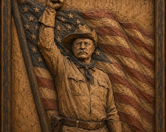 Theodore Roosevelt Wood Relief, Rustic American Wall Art, Presidential Portrait, CNC Carved Wooden Plaque, Patriotic Gift