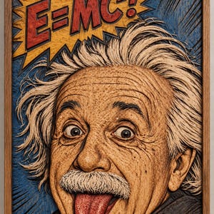 Può includere: Un ritratto in bassorilievo di legno di Albert Einstein con la lingua di fuori, incorniciato in legno. Lo sfondo presenta un'esplosione in stile fumetto blu con il testo rosso E=MC2. L'intaglio mostra dettagli dei capelli e una giacca.