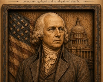 James Madison Wood Relief Portrait, President Madison Wall Art, Founding Father Wooden Carving, US President Gift,Handmade Wooden Bas Relief