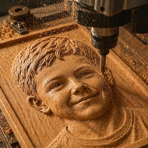 May include: A wooden portrait of a smiling child being carved by a CNC machine. The portrait is in a rectangular frame, with fine details in the hair, eyes, and clothing. The wood is light brown, and sawdust surrounds the carving.
