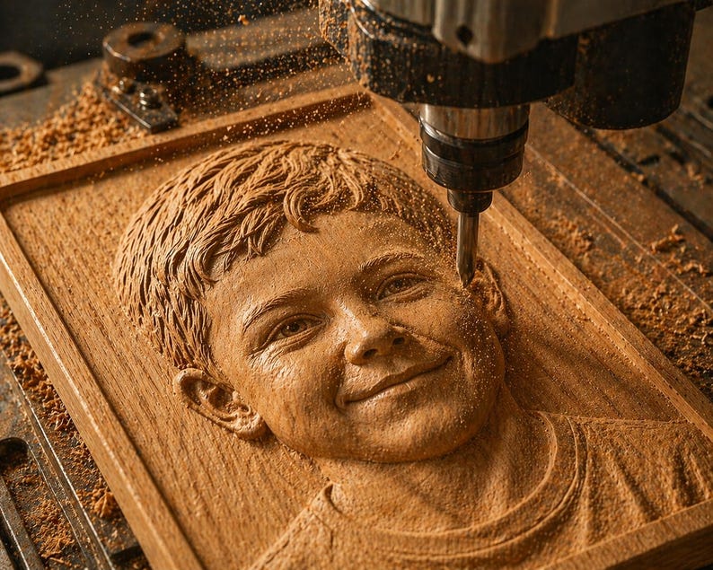 May include: A wooden portrait of a smiling child being carved by a CNC machine. The portrait is in a rectangular frame, with fine details in the hair, eyes, and clothing. The wood is light brown, and sawdust surrounds the carving.