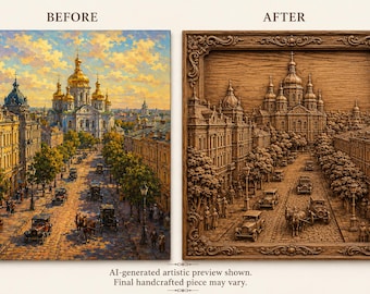Custom 3D Wood Cityscape from Photo | Personalized Wooden Bas Relief Wall Art | Hand-Carved Oak or Cherry Artwork | Architectural Keepsake