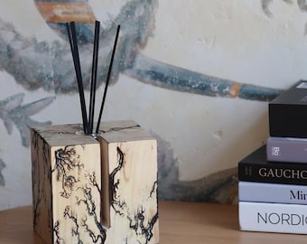 Difusor de aroma de madera con vidrio soplado a mano – Cubo luminiscente / Regalo de aroma natural personalizado / Decoración de lujo para dormitorio u oficina