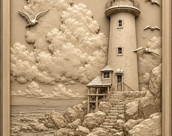 Lighthouse Wooden Relief Wall Art | Coastal Lighthouse Carving | Hand-Carved Seaside Landscape Decor | Nautical Home Wall Art Gift