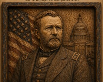 Ulysses S. Grant Wood Relief Portrait, President Grant Wall Art, Civil War General Wooden Carving, US President Gift, Handmade Wooden Bas