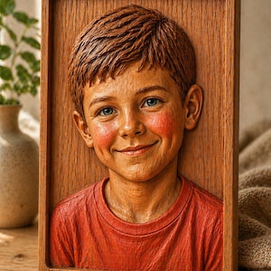 May include: A wooden relief carving of a smiling child with red hair, blue eyes, and rosy cheeks. The child wears a red shirt and is framed by a rectangular wooden border. The carving is detailed and realistic.