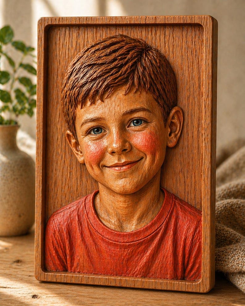 May include: A wooden relief carving of a smiling child with red hair, blue eyes, and rosy cheeks. The child wears a red shirt and is framed by a rectangular wooden border. The carving is detailed and realistic.